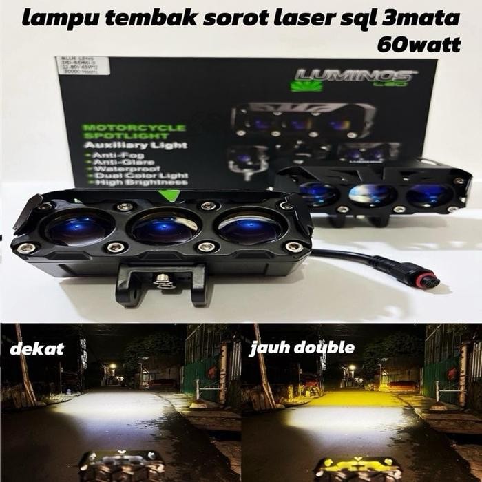 Luminos Lampu Tembak Sorot Sql 3 Mata Q9S 2 Warna White Yellow Laser Hi Low Untuk Mobil Dan Motor