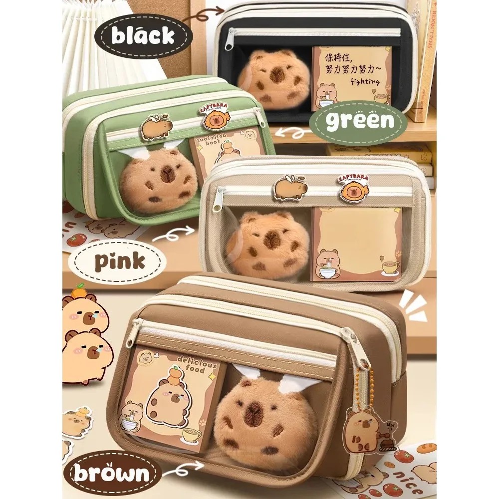 

Large Capacity Pencil Bag Capybara Cartoon Canvas Stationery Holder Bag With Brooches Stickers Clips