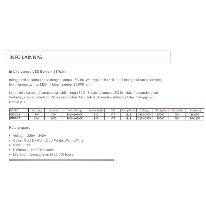RB2233 Bohlam LED T8 Lampu TL LED T8 IN LITE T8 / IN LITE LED T8 / INLITE T8 / INLITE LED T8