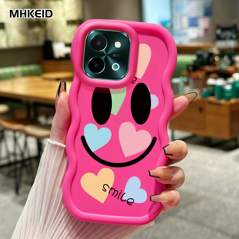MHKEID Casing Untuk VIVO Y28 2024 Case Casing pola Senyum Kasing HP Kesing Silikon Softcase Macaron 