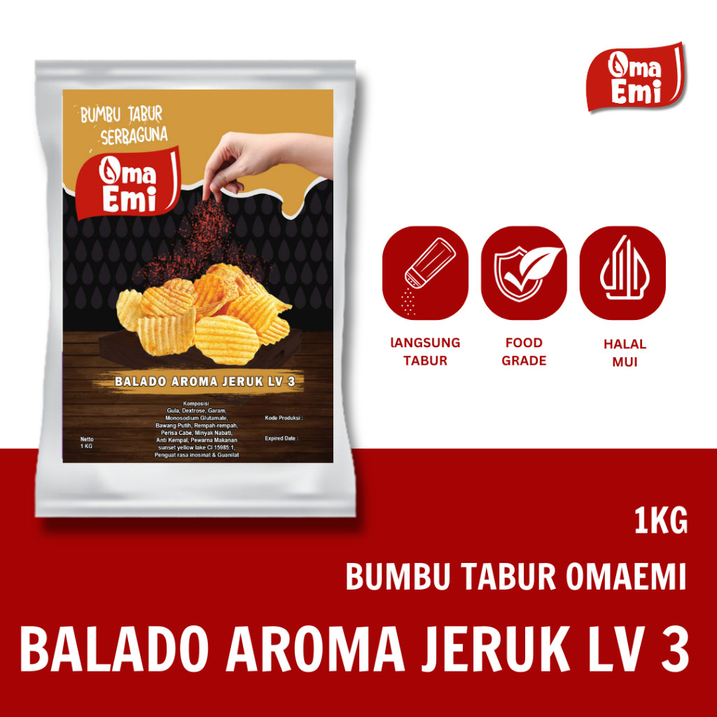 

RATU BUMBU TABUR BALADO AROMA JERUK LV 3 KEMASAN 1 KG FOOD GRADE
