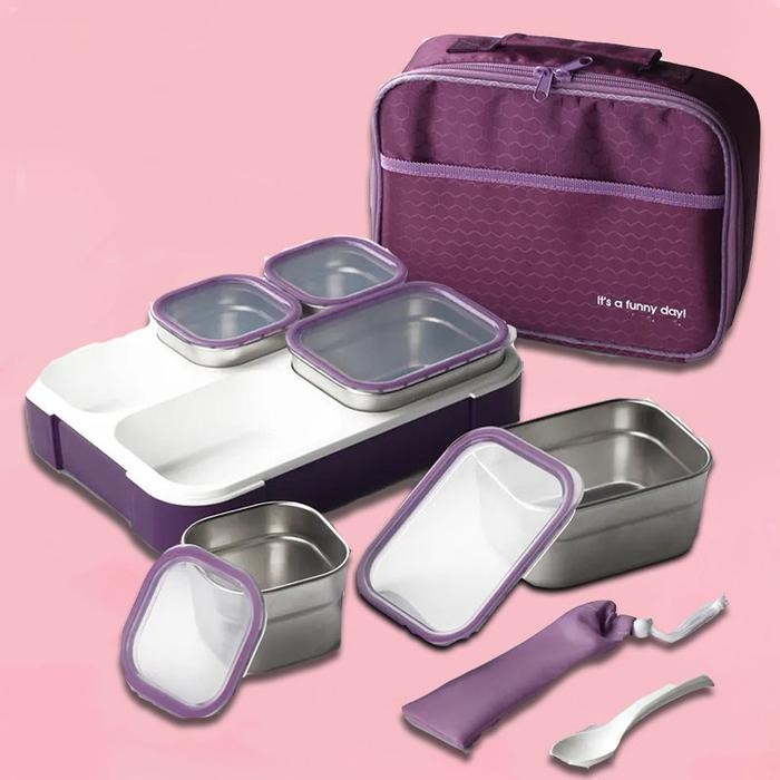 

tempat bekal makanan lunch box Kotak Makan Box Makanan Stainless 3/5 Sekat Set dengan Tas dan Sendok