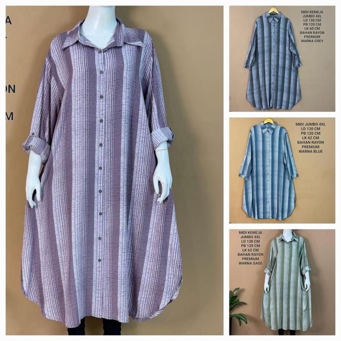 Midi Kemeja Jumbo Ld 130 Cm Motif Salur Koleksi - Wilona Long Tunik