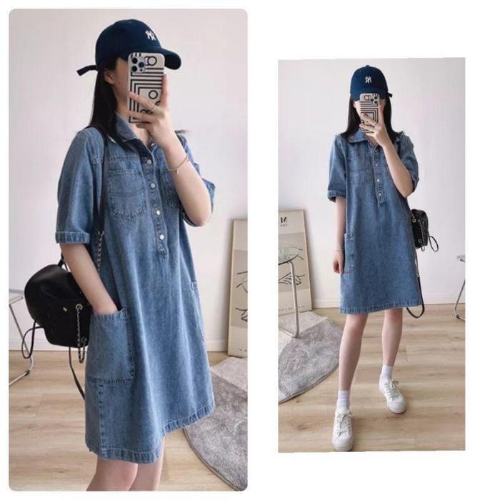 Dress Denim Casual Denim Dress Wanita Lengan Pendek 2880
