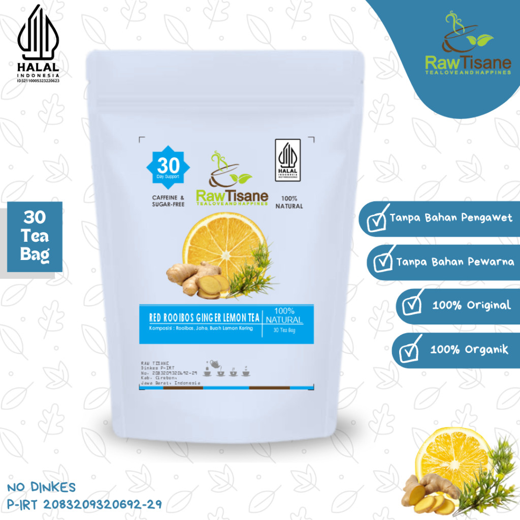 

RAW TISANE Red Rooibos Ginger Lemon Tea : Teh Celup Rooibos, Jahe & Buah Lemon Kering Isi 30 Tea Bag