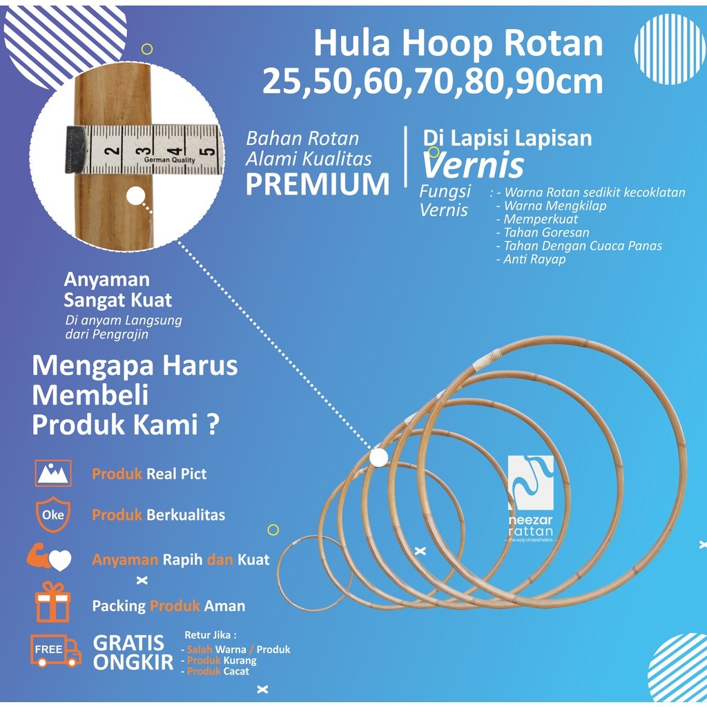 VIVE Hula Hoop / hulahoop / hulahop / holahop Rotan 90, 80, 70, 60, 50, 25 cm