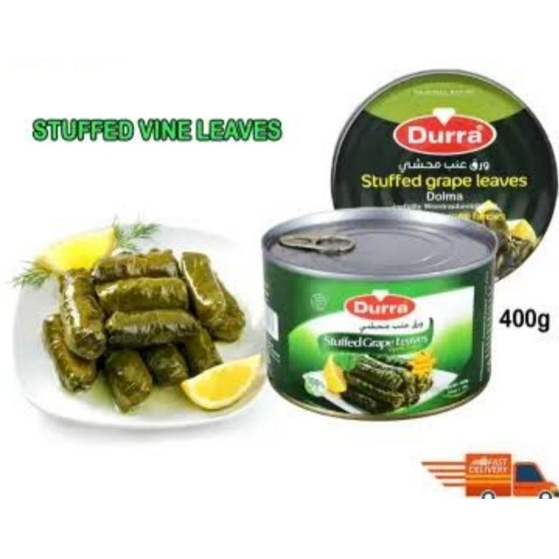

Lovely Back - Daun Anggur Isi merk Virginia / Durra / Al Ahlam 400gram Stuffed Vine leaves Grape