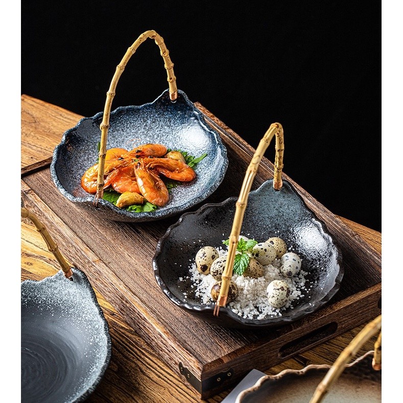Mori e Wood Handle / Piring Saji Makan Jepang Keramik Rustic Dengan Gagang Kayu Rotan Aesthetic