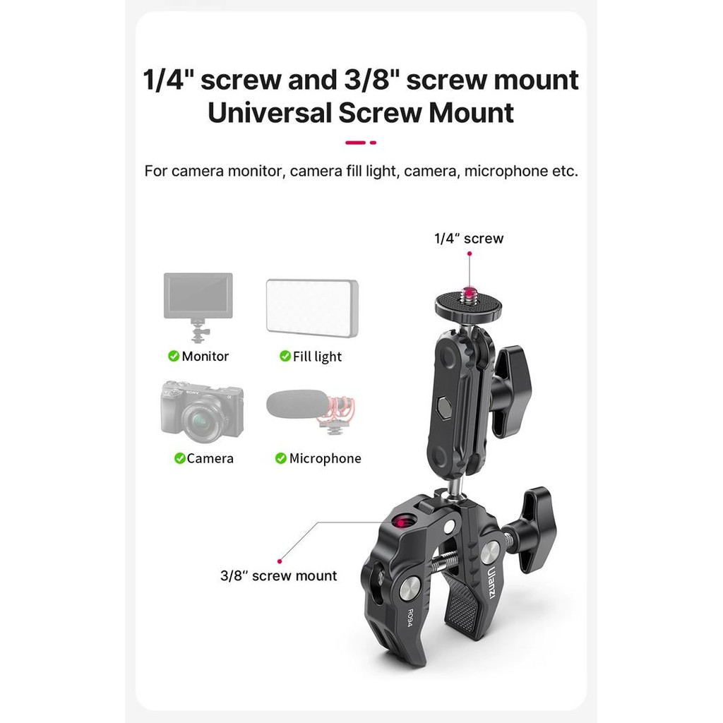 ULANZI UURIG R094 Metal Clamp w Ballhead & Arm u/ Camera LED c