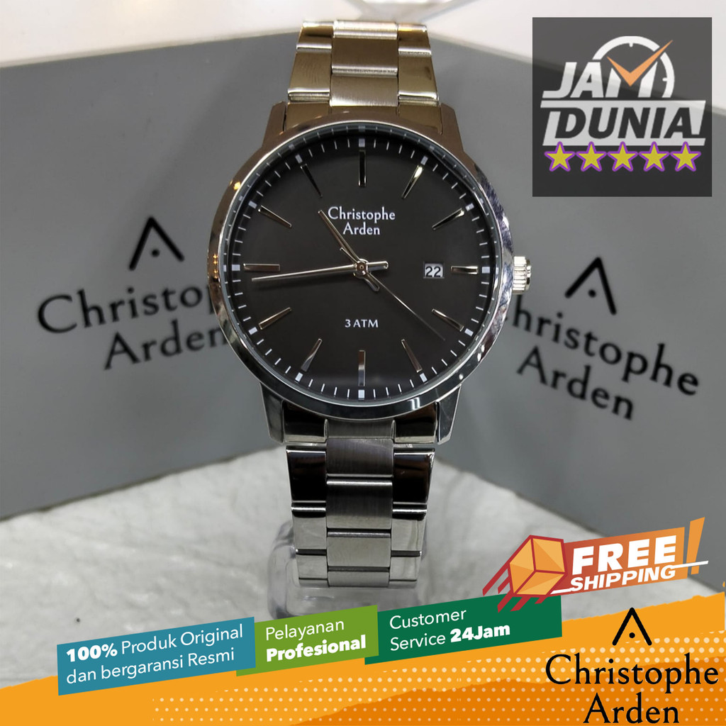 JAM TANGAN CHRISTOPHE ARDEN PRIA ORIGINAL SILVER BLACK STAINLESS STEEL STRAP CAF2002 CA F2002 JAM AN