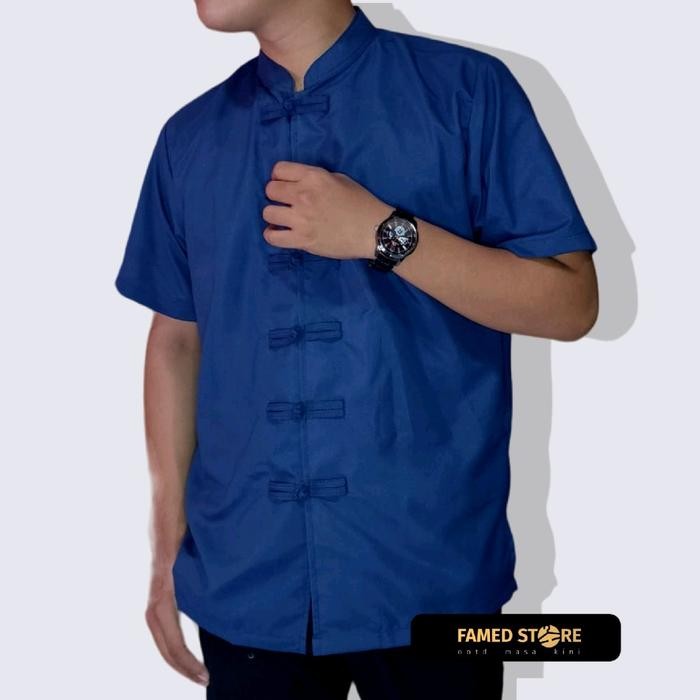 Promo Kemeja China Navy / Kemeja Cheongsam Lengan Pendek Model China Kerah Sanghai Pria Formal