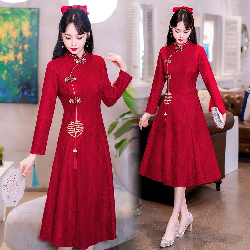 Retro Chinese Traditional Red Wedding Qipao Dress Modern Improved Long Sleeve Embroidered Cheongsam