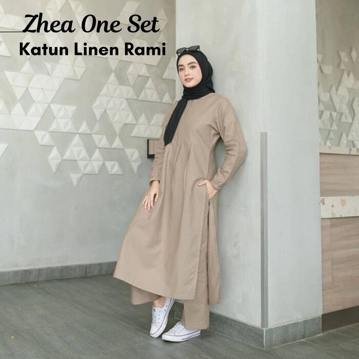 Zhea Setelan Wanita One Set Jumbo Atasan Tunik Dan Celana Kulot Bahan Katun Linen Rami Daily Set