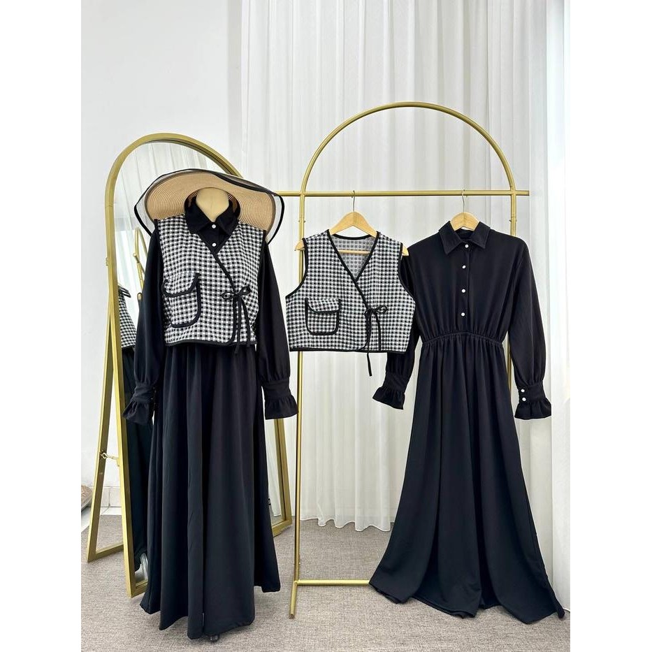 READY STOCK Yoona Dress Gamis Wanita Muslimah Jumbo Overall 2 in 1 Vest Gingham Rompi Motif Kotak