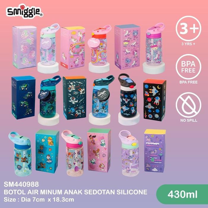 SMIGGLE PLAY SERIES Junior Botol Air Minum Anak Sedotan Silikon 430ml