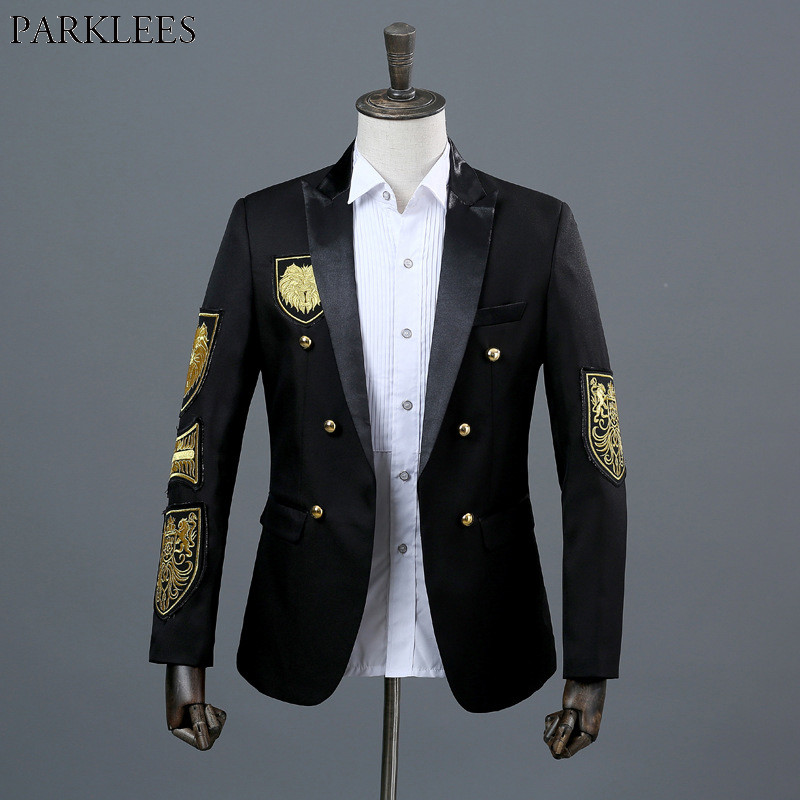 Gold Medal Embroidery Black Suit&Blazer Men Double Breasted Mens Military Blazer Jacket Stage Prom