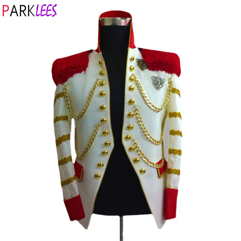 Mens White Steampunk Blazer Jacket Stand Collar Tassel Design Hussar Marching Band Military Drummer
