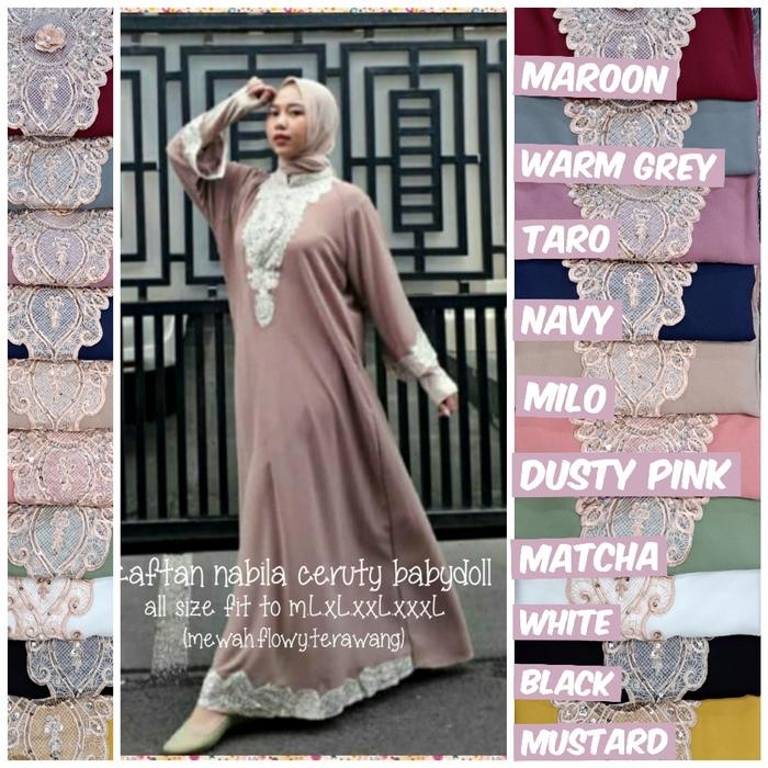Kaftan Nabila Ceruty Full Bordir Payet Tali Ikat Di Dalam