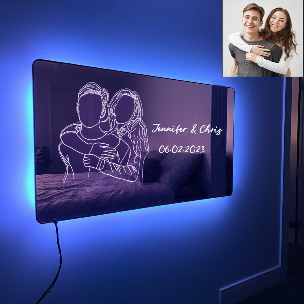 Personalized Photo Mirror Light Custom Name Logo Neon Sign Mirror Led Light Up Mirror For Wall