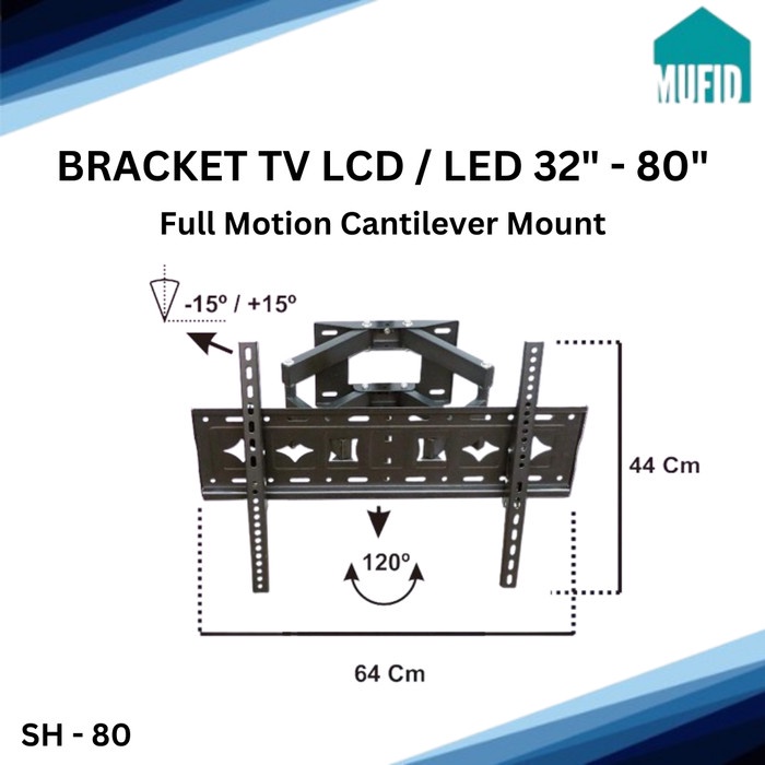 Bracket TV LCD LED 32" - 80" Inch Full Motion Cantilever Mount Hitam