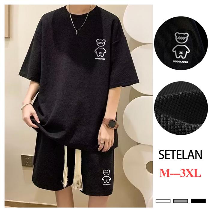 setelan outfit pria Baju oversize pria distro One set lengan pendek 1 set outfit cowok celana pendek