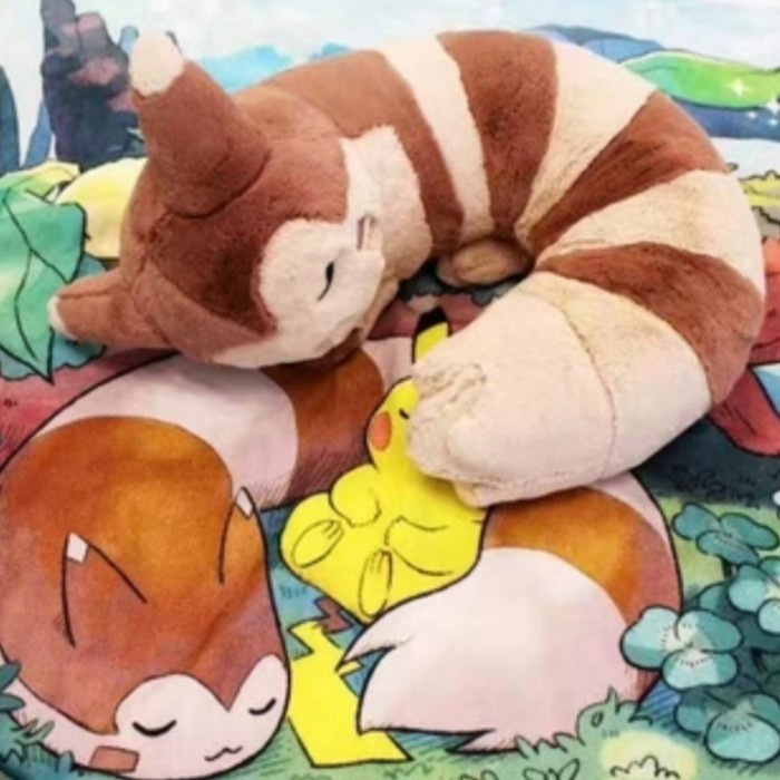 Pokemon Plush Sleeping Furret Fluffy Neck Pillow Bantal Leher Boneka