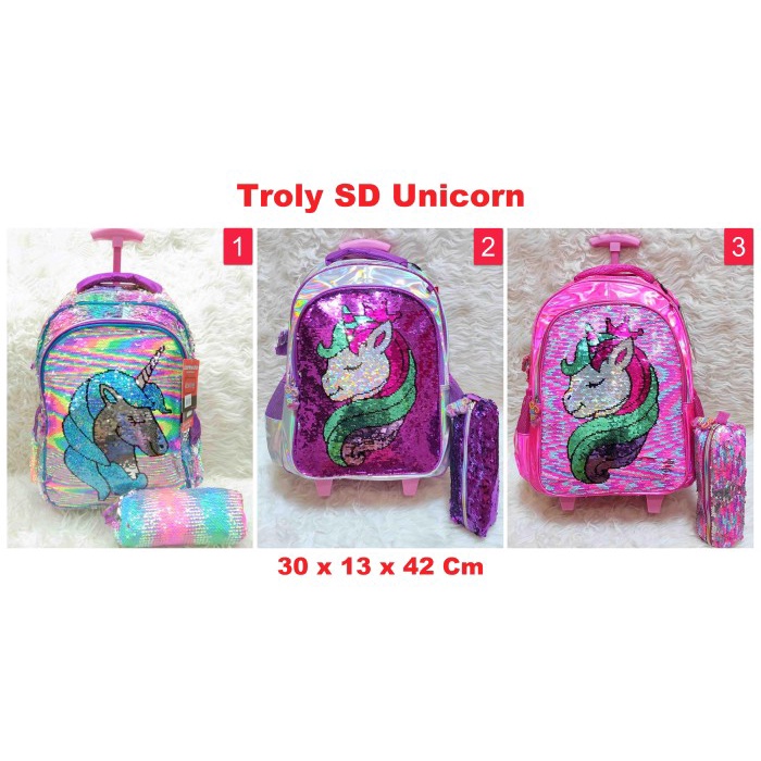 

BERKUALITAS Tas Troly Sekolah SD Sequin Bonus Tempat Pensil Unicorn Backpack
