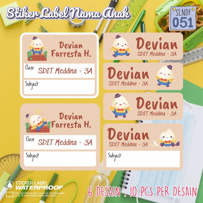 

KOMPLIT stiker label nama anak anti air buku pensil baju sekolah tas SLNDF-051