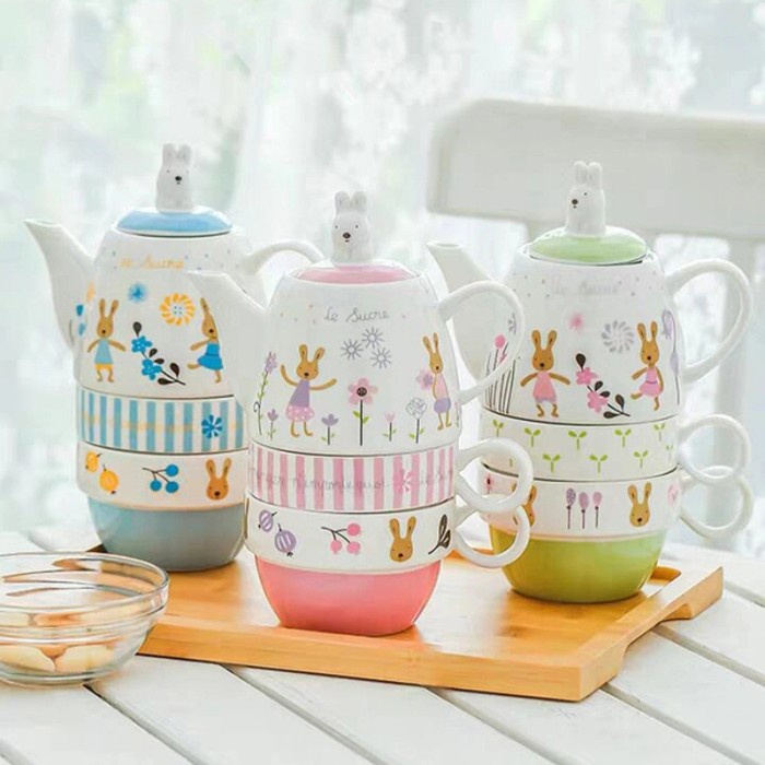 TERBARU Gelas Teko + 2 Mug Set Rabbit Tea Set Keramik Kado Ultah Gift Premium