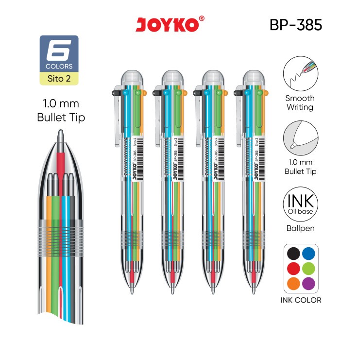

TERLARIS! Ball Pen Pulpen Pena Joyko BP-385 Sito 2 1.0 mm 6 Warna Colors