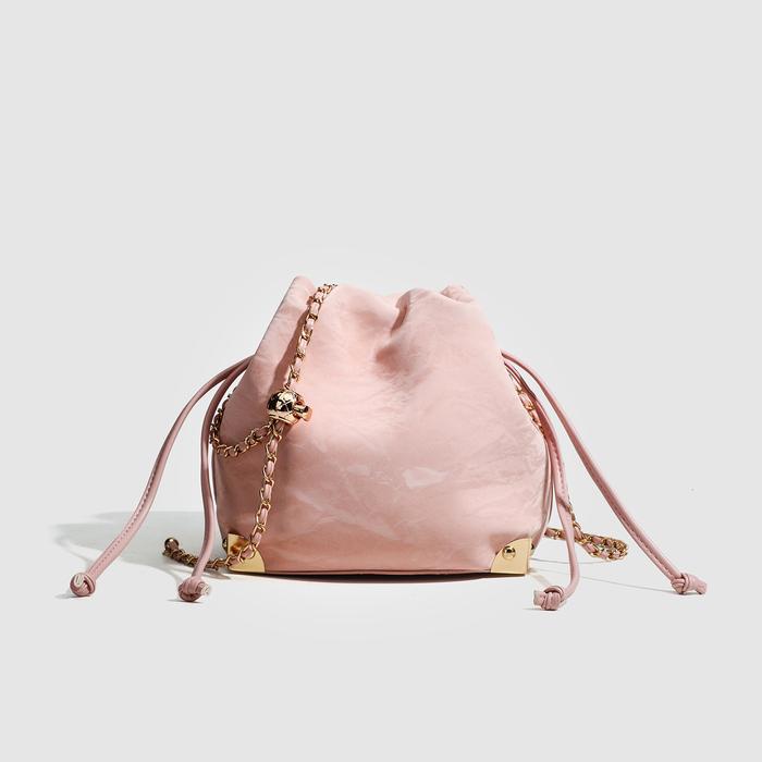 tas Ember Selempang Merah Muda Persik Anak Perempuan Suede Tas Bahu Rantai Serut Terlihat Tinggi