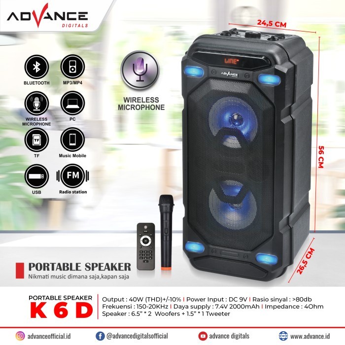 Sale Advance K6D Speaker Portable 6,5 Inch X 2 Bluetooth