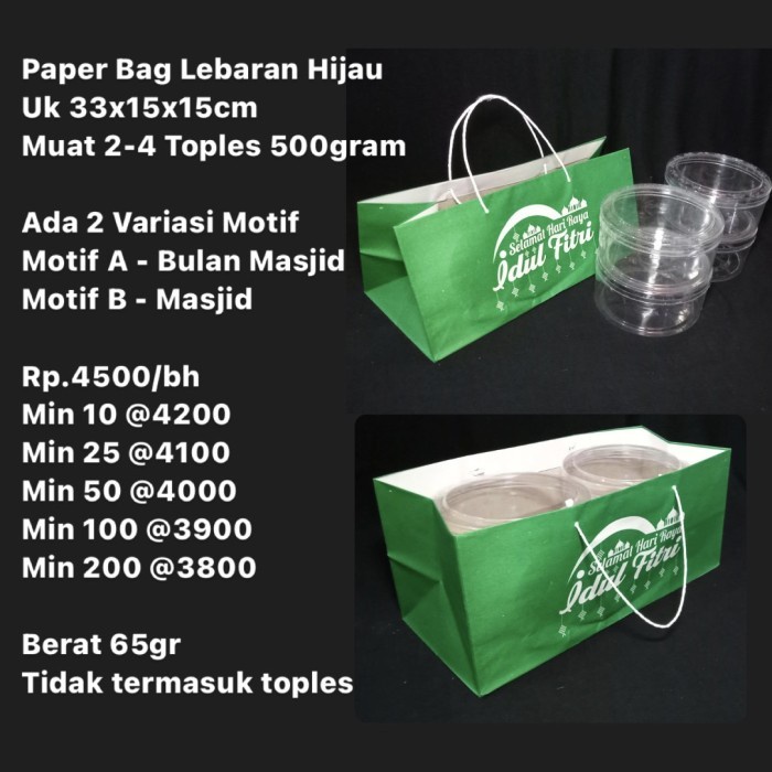

Flashshow Paper Bag Lebaran Hijau Uk 33x15x15cm Muat 2 - 4 Toples 500gram