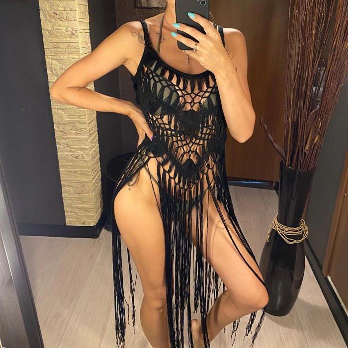 Black Cover Up Bikini Rumbai Beachwear Seksi Cardigan Rajut Dress Bali