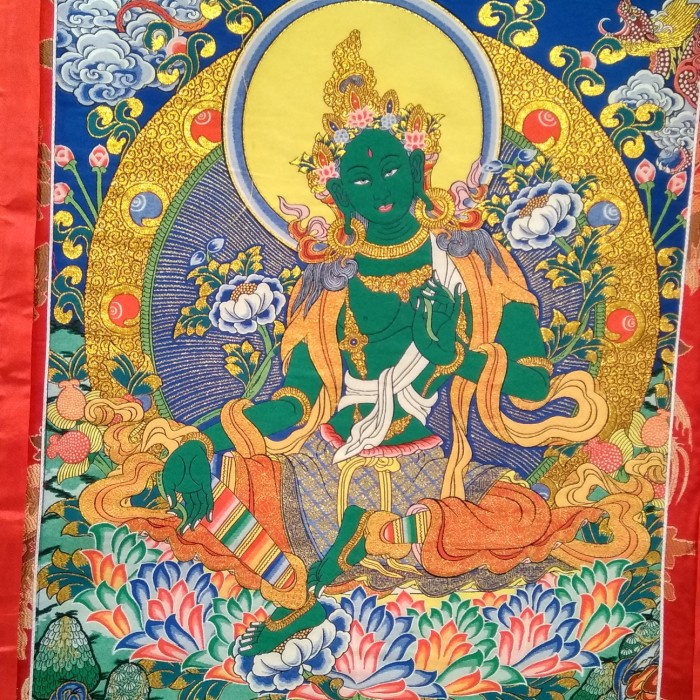 Thangkha A Hijau Lukisan Green A Bordiran Kain Tibet Asli