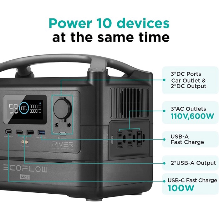 ECOFLOW RIVER MAX 576WH 600W PORTABLE POWER STATION CAM RV