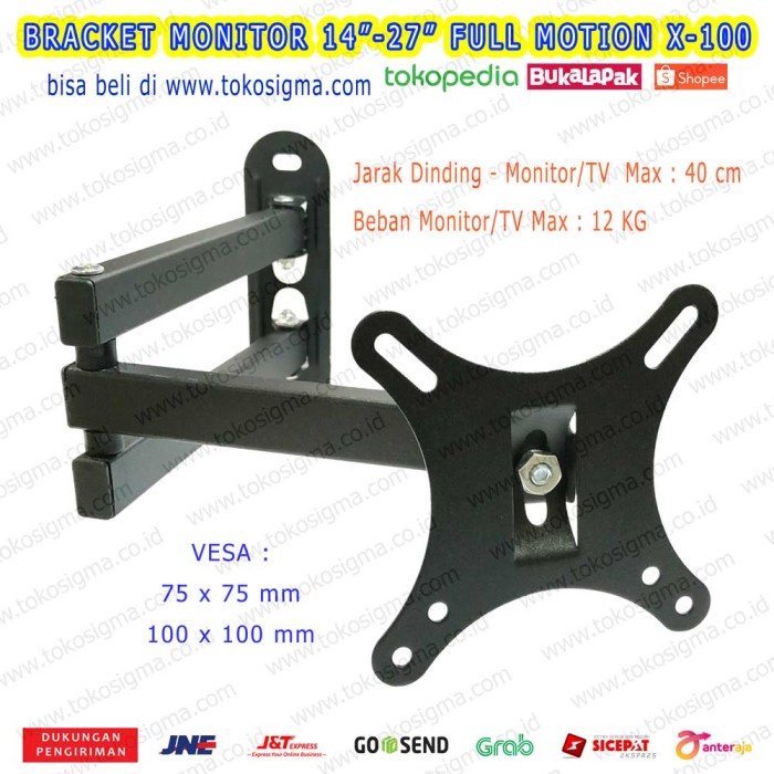 TERBARU WALL BRACKET FULL MOTION X100 MONITOR PC TV LED 17 19 21 22 24 27 inch