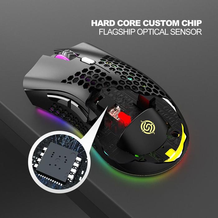 terbaru  mouse gaming wireless rgb honeycomb rechargeable - bm600 - black adaptor baterai ready