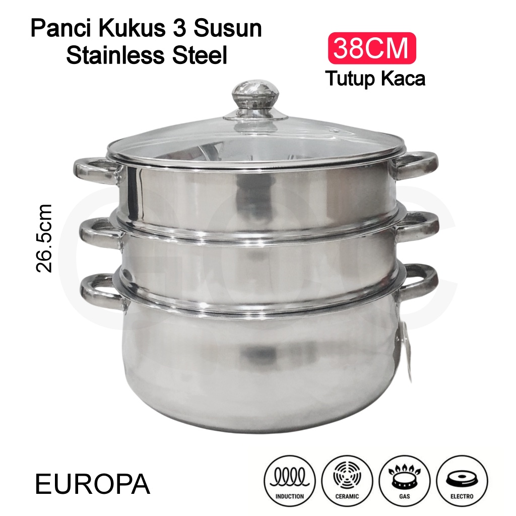 Panci Kukus 3 Lapis Tingkat Stainless Steel Steamer Pot Tutup Kaca Panci Steamer Dandang Besar