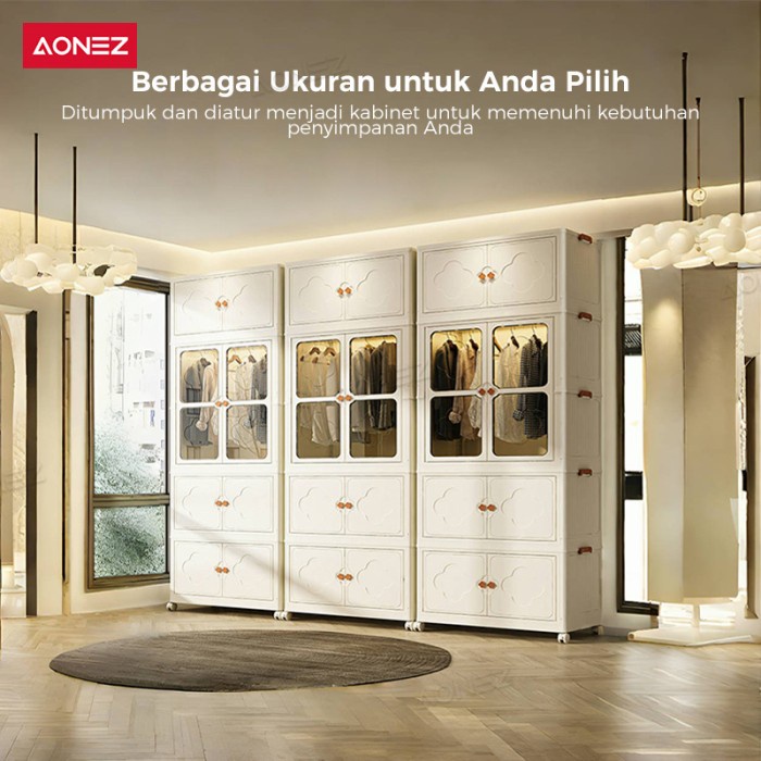 AONEZ LEMARI PAKAIAN PLASTIK SUSUN PUTIH MINIMALIS LEMARI BAJU 3 LEMARI LIPAT + 1 LEMARI PAKAIAN