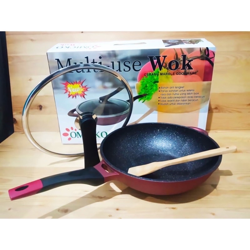 Citayam Panci Wok Omicko 32Cm / Wajan Marble Anti Lengket Bahan Tebal + Spatula PREMIUM