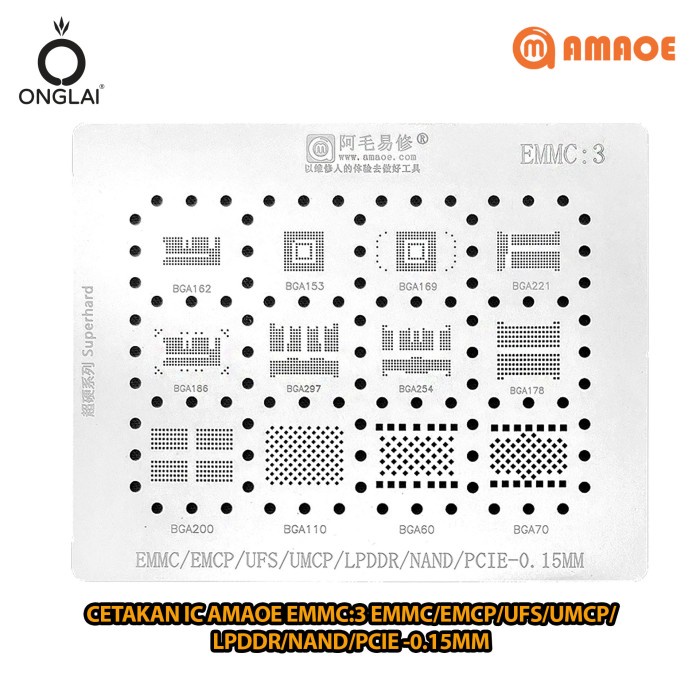 Cetakan IC Amaoe EMMC3 EMMC EMCP UFS UMCP LPDDR NAND PCIE -0.15mm - BGA162 BGA153 BGA169 BGA221