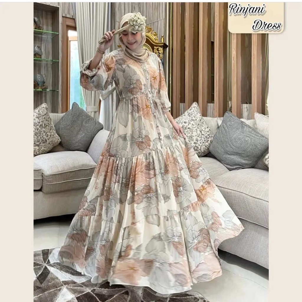 Rinjani Dress Wanita Terbaru 2023 Kekinian Elegant Gamis Bunga Ceruty Babydoll Bunga Viral/TERBARU
