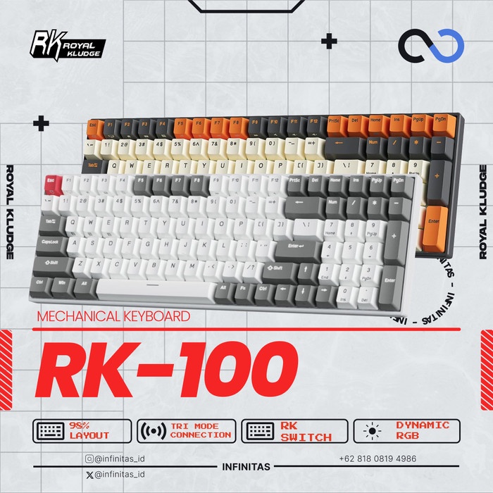 Royal Kludge RK100 Mechanical Keyboard 96% Grey/Red/White - Tri-Mode Wireless, RGB Backlit