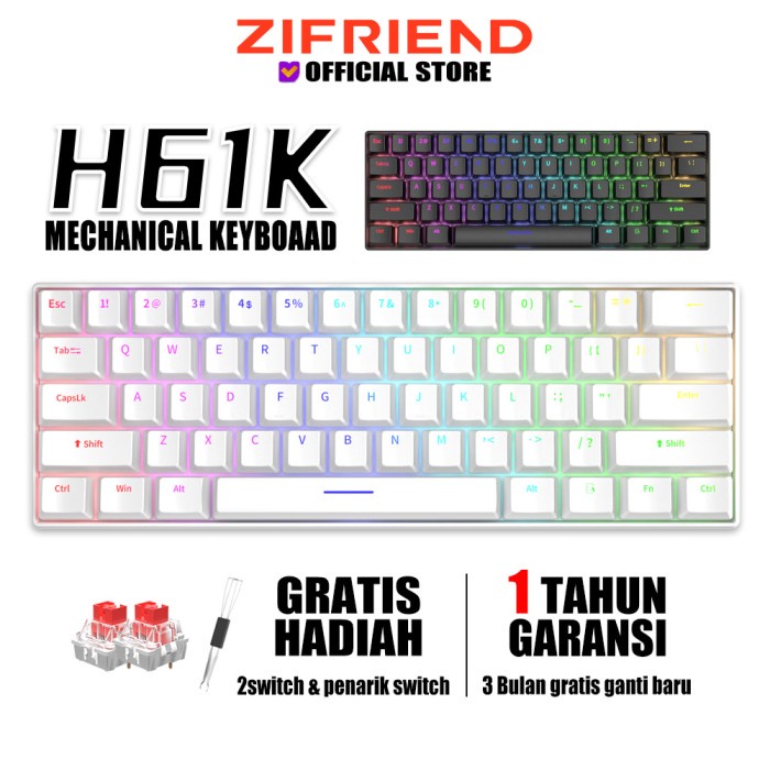 ZIFRIEND H61K Keyboard Mekanis 61 Keys - RGB Backlit, Hotswap