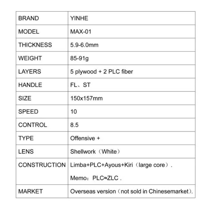 Yinhe Max 01 PLC ZLC Carbon - Blade Kayu Pingpong Bat Bet Tenis Meja