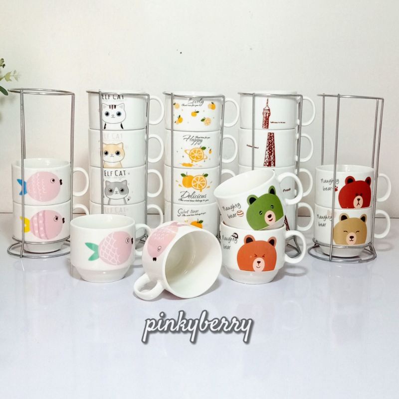 Terbatas Gelas Keamik Susun / Gelas Keramik Lucu / Cangkir Keramik / Mug Keramik 4 Susun (M) C149