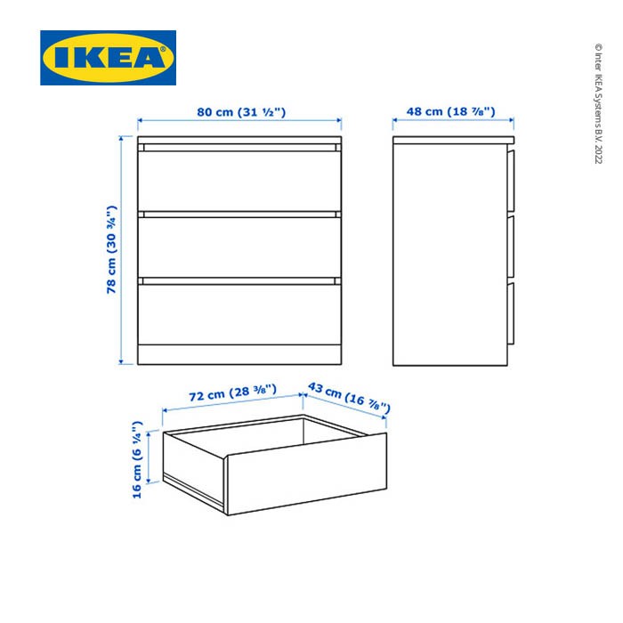 IKEA MALM LEMARI LACI 3 SUSUN PUTIH MINIMALIS 80X78 CM