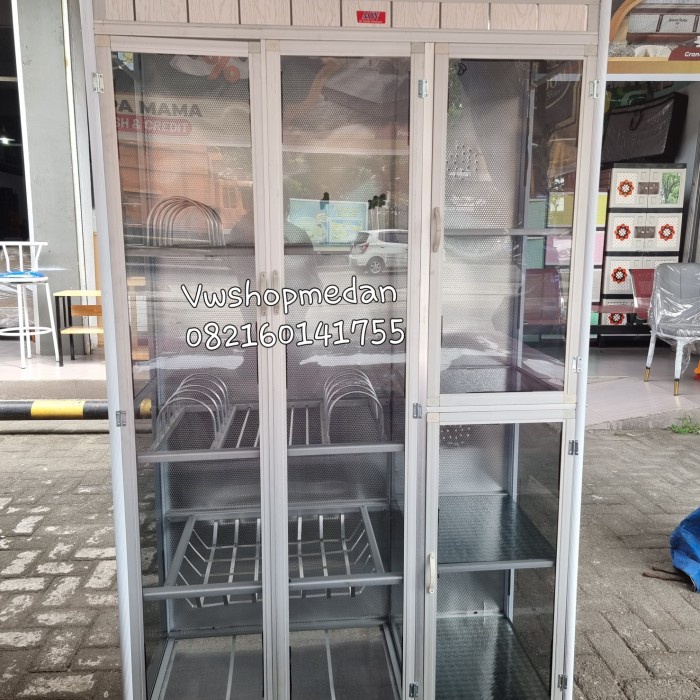Rak Piring Alumunium / Lemari Sayur Alumunium/ Rak Dapur 3 pintu kaca