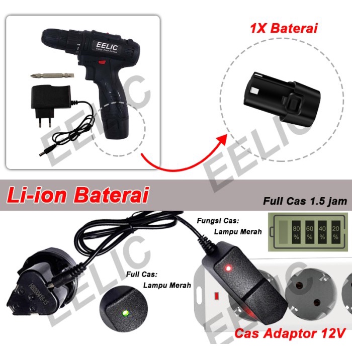 JTTOP EELIC MEB-DC120 ALAT LISTRIK MESIN BOR / OBENG LITHIUM CORDLESS DRILL